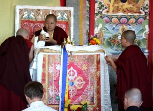 On the first day of teachings, a mandala offering is made to Mindrolling Jetsün Khandro Rinpoche.