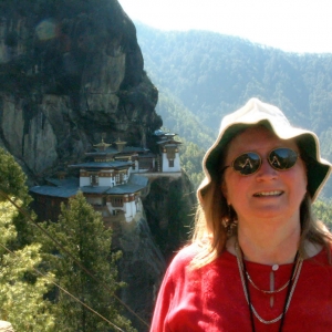 Lopön Rita at Taktsang, Tiger's Nest Monastery, in Paro, Bhutan during a pilgrimage with Mindrolling Jetsun Khandro Rinpoche and sangha members in 2003.
