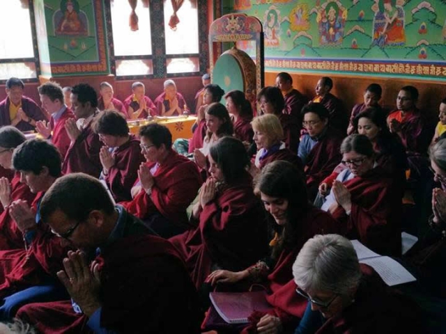 Sangha during sadhana practice at Paro. Bhutan, March 2016.