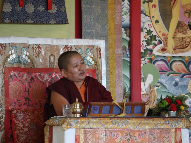 Mindrolling Jetsün Khandro Rinpoche during a teaching at the Mindrol Lekshey Program in July 2016.