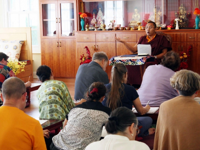 Acarya Ven. Namdrol Gyatso la and students during Tibetan Language Class, a course of instruction entitled Learning Tibetan Language and Ritual. Mindrol Lekshey, 2016.