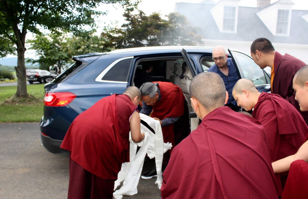 H.E. Jetsün Khandro Rinpoche welcoming H.E. Dzigar Kongtrul Rinpoche to Lotus Garden