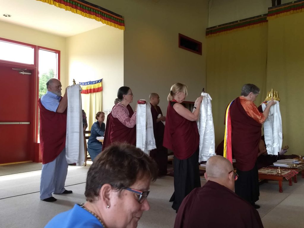 At the conclusion of the teachings, the Lotus Garden lopöns make the Mandala, Body, Speech and Mind Offerings to H.E. Mindrolling Jetsün Khandro Rinpoche