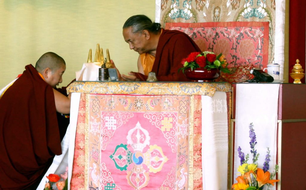 H.E. Jetsun Khandro Rinpoche makes the mandala offering to H.E. Dzigar Kongtrul Rinpoche at the conclusion of the teachings
