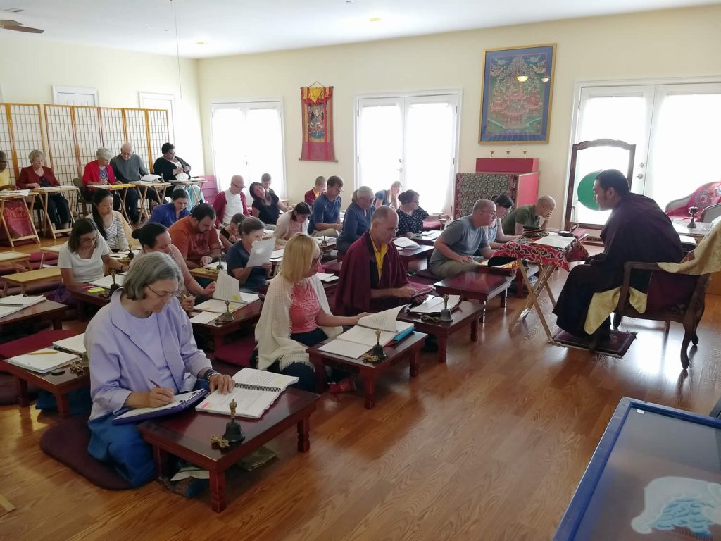 Ven. Choktrul Ngawang Jigdral Rinpoche la and students review the Vajrasattva (Minling Dorsem) liturgy